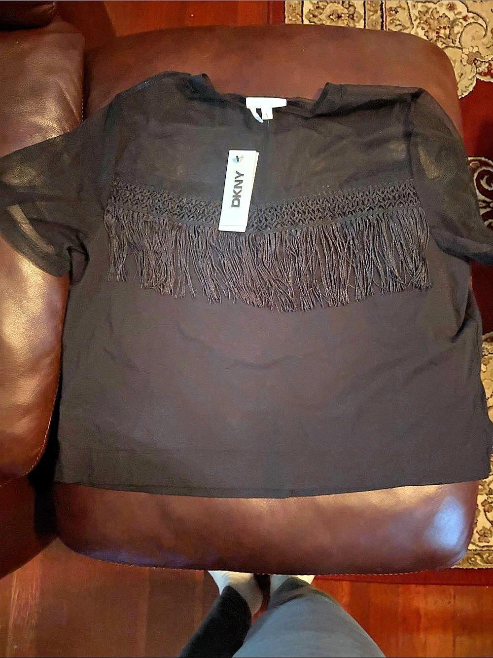 DKNY Black Fringe Short Sleeve Top with matching skirt, sheer sleeves, fringes 2